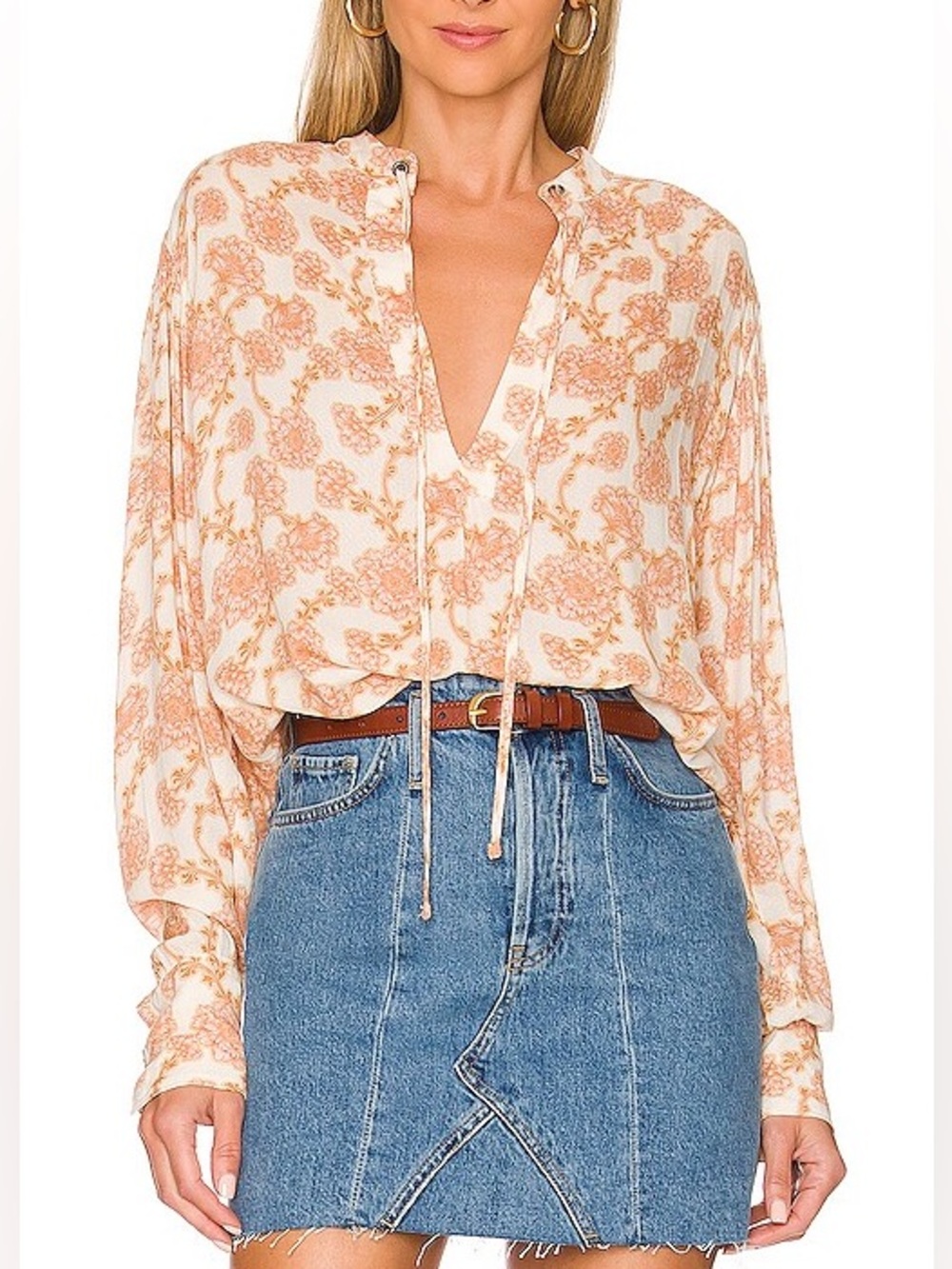 Free People Mia Tunic size XS Cream and Peach Floral Tie-Front Blouse